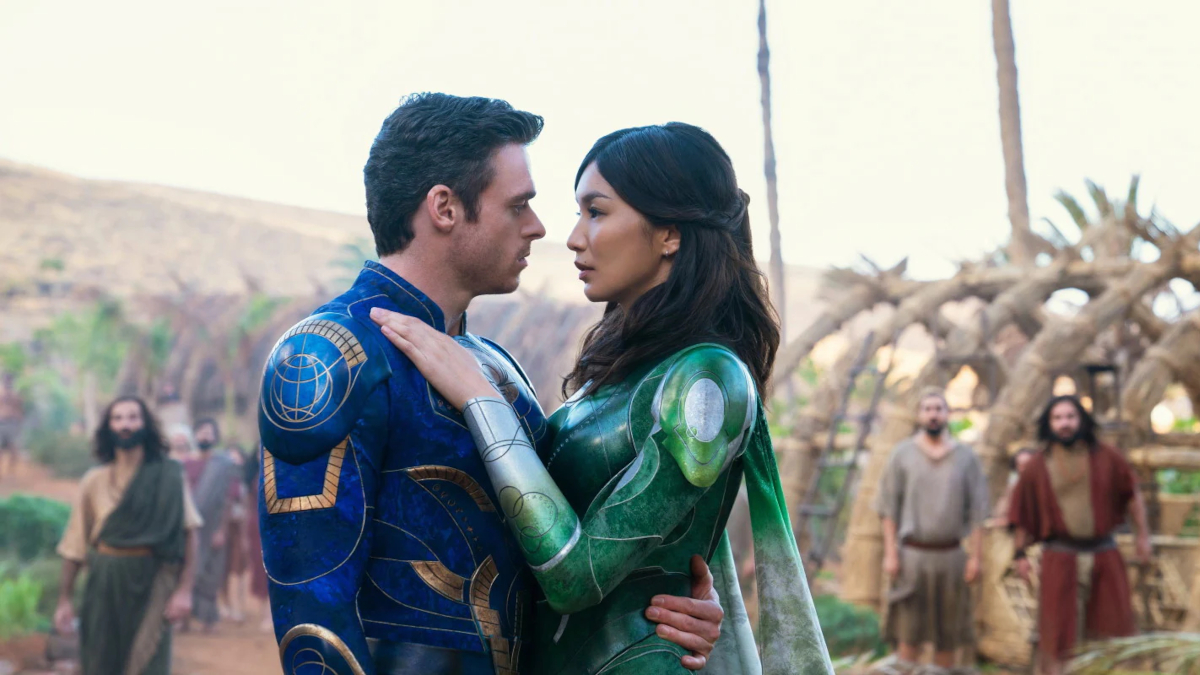 Ikaris and Sersi share an embrace in Marvel's Eternals.
