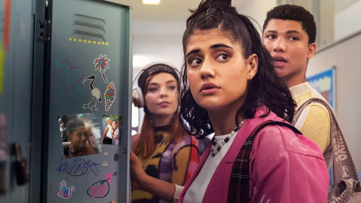 Amerie, Darren, and Quinni standing at their lockers in Heartbreak High