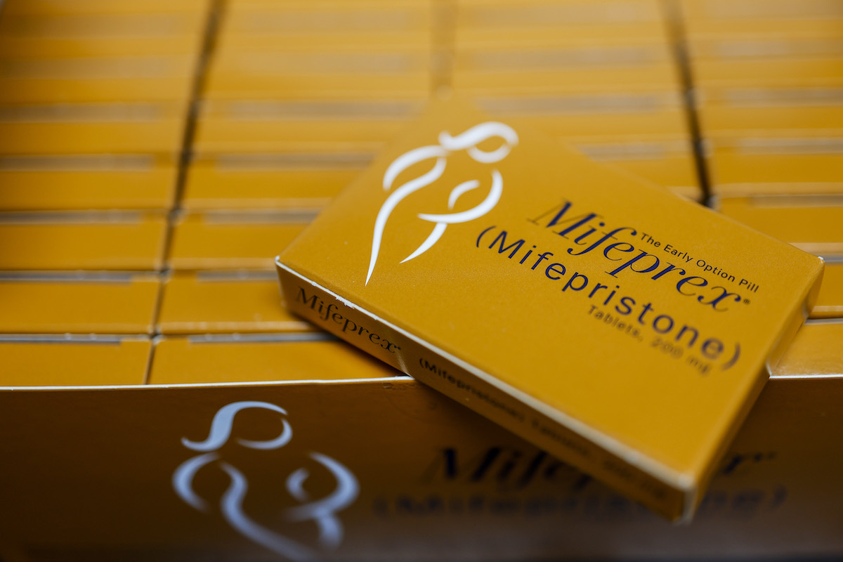 Packages of Mifepristone tablets are displayed