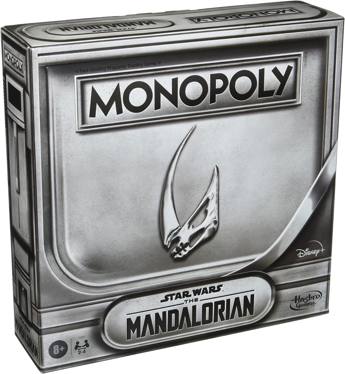 Box art for Monopoly- Star Wars The Mandalorian Edition featuring a Mandalorian symbol
